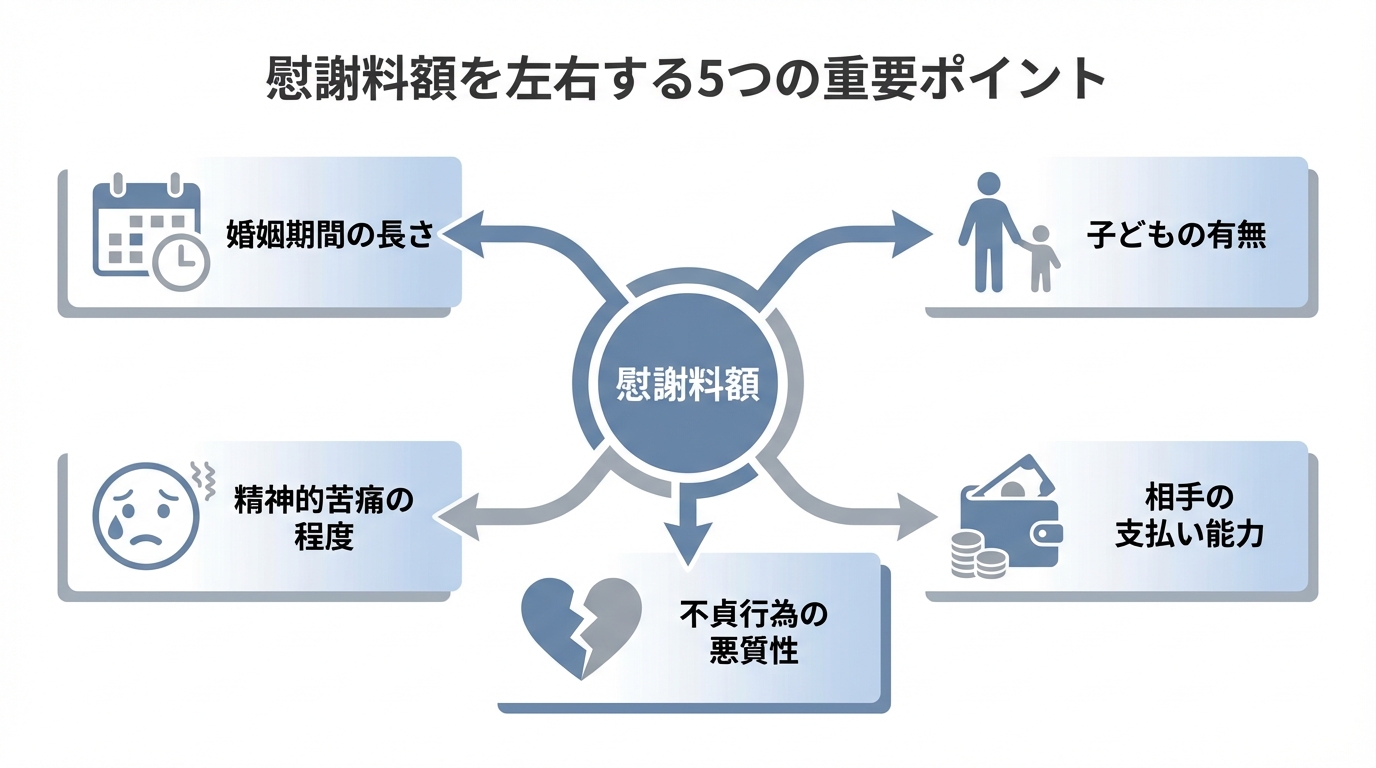 浮気による離婚慰謝料の金額を左右する5つの要素を示した図解