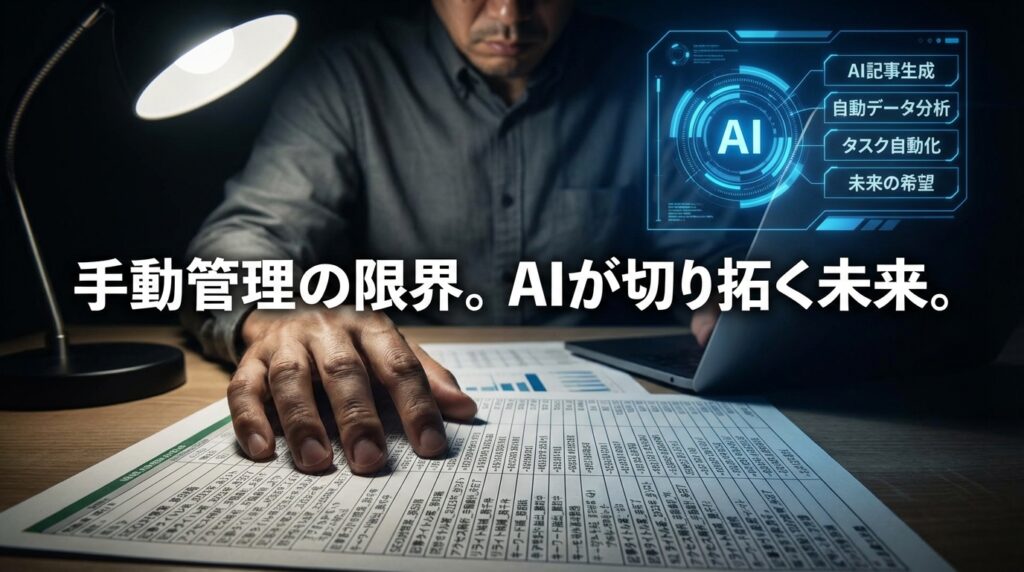 記事数が100を超えて内部リンク管理が破綻し、Excel管理表の前で頭を抱えるWeb担当者。手動SEO管理の限界と疲弊を表すイメージ。