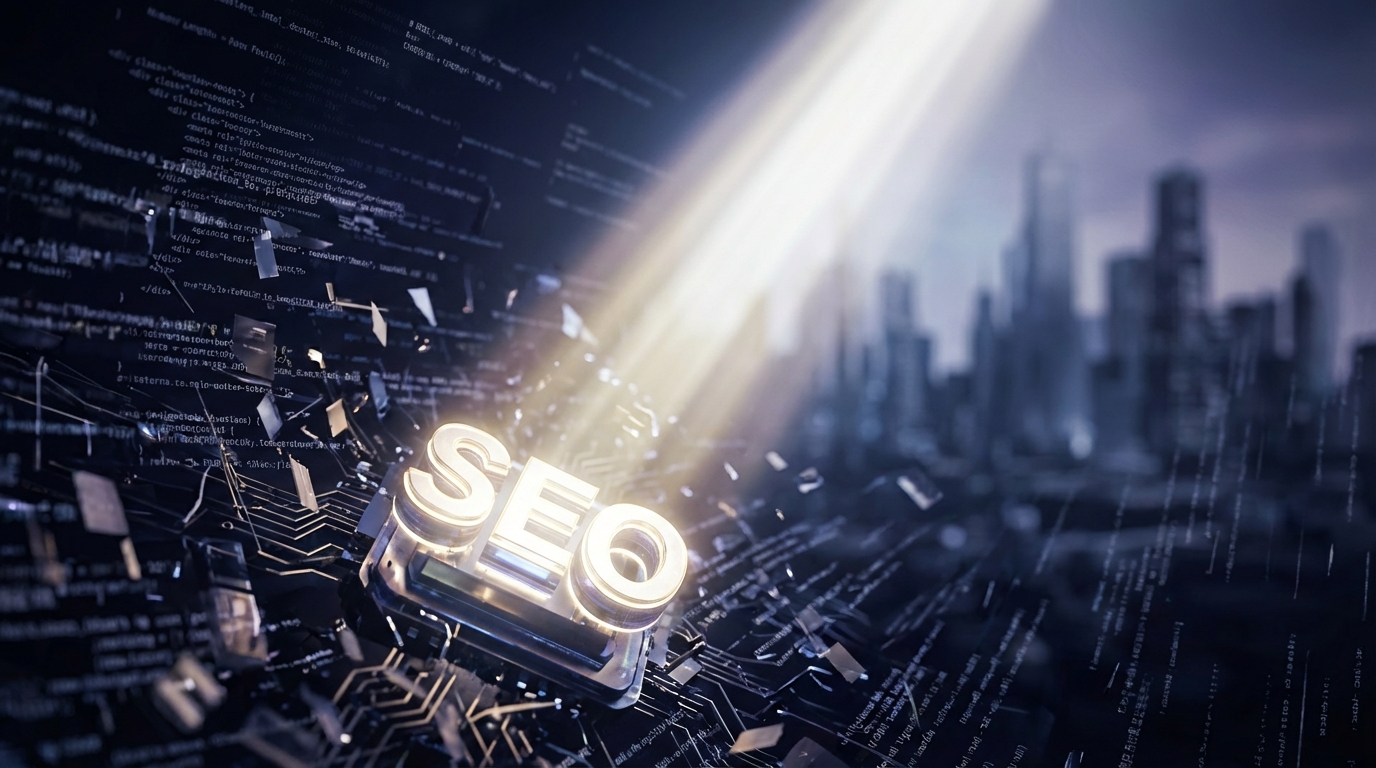 デジタルデータと光の奔流の中に浮かぶSEOの文字。AI技術と融合する次世代のSEOを表現したアイキャッチ