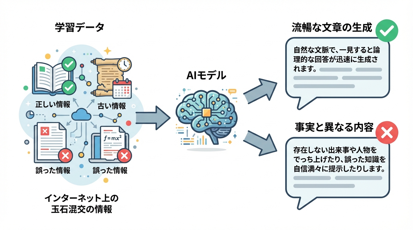 AIがハルシネーション(嘘)を生成する仕組みの図解。インターネット上の不完全なデータを学習し、文章の流暢さを優先するため、事実と異なる内容が出力される可能性があることを示している。