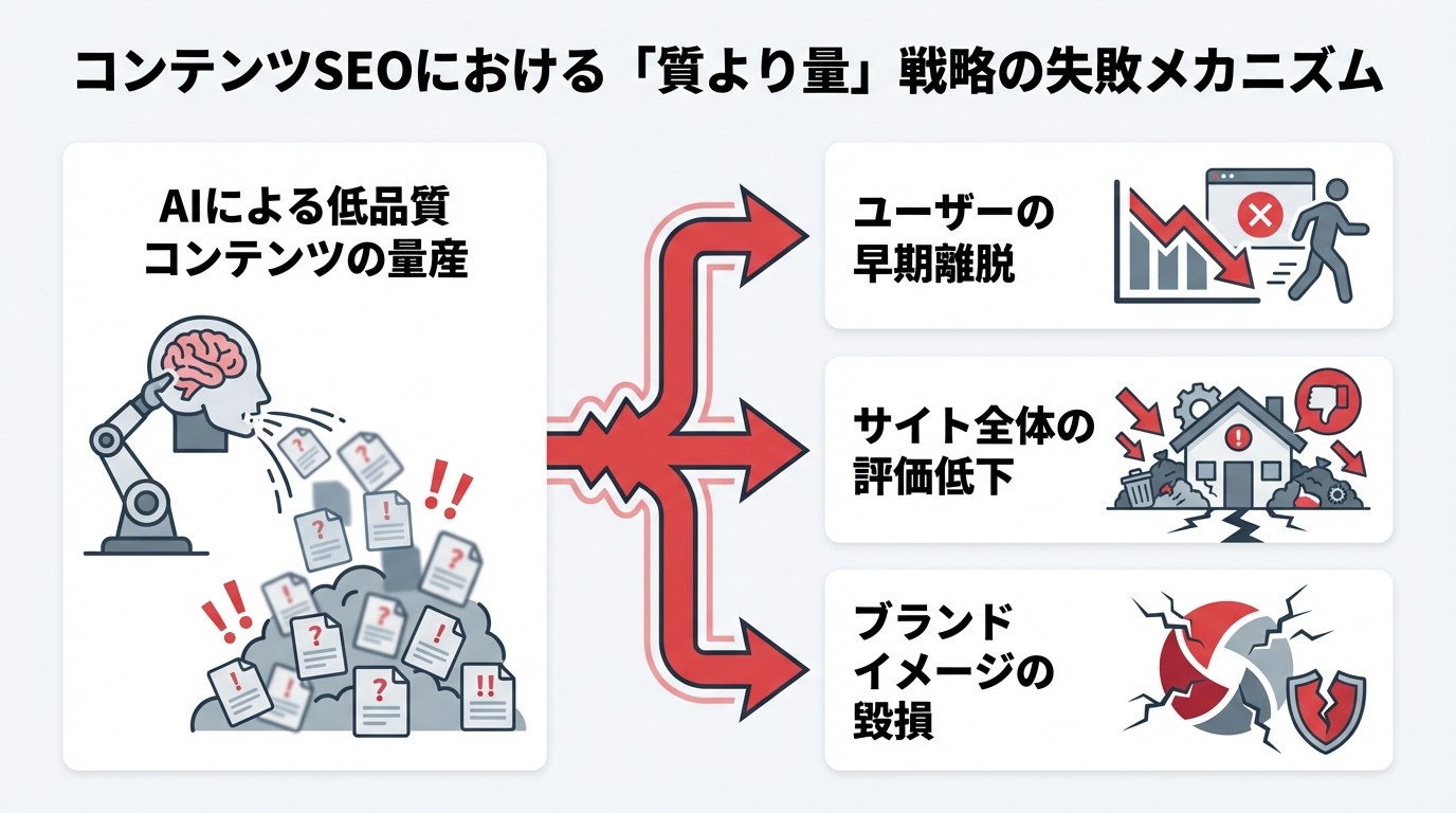 AIによる質より量戦略が失敗する3つの理由（ユーザーの早期離脱、サイト評価低下、ブランド毀損）を示した図解。