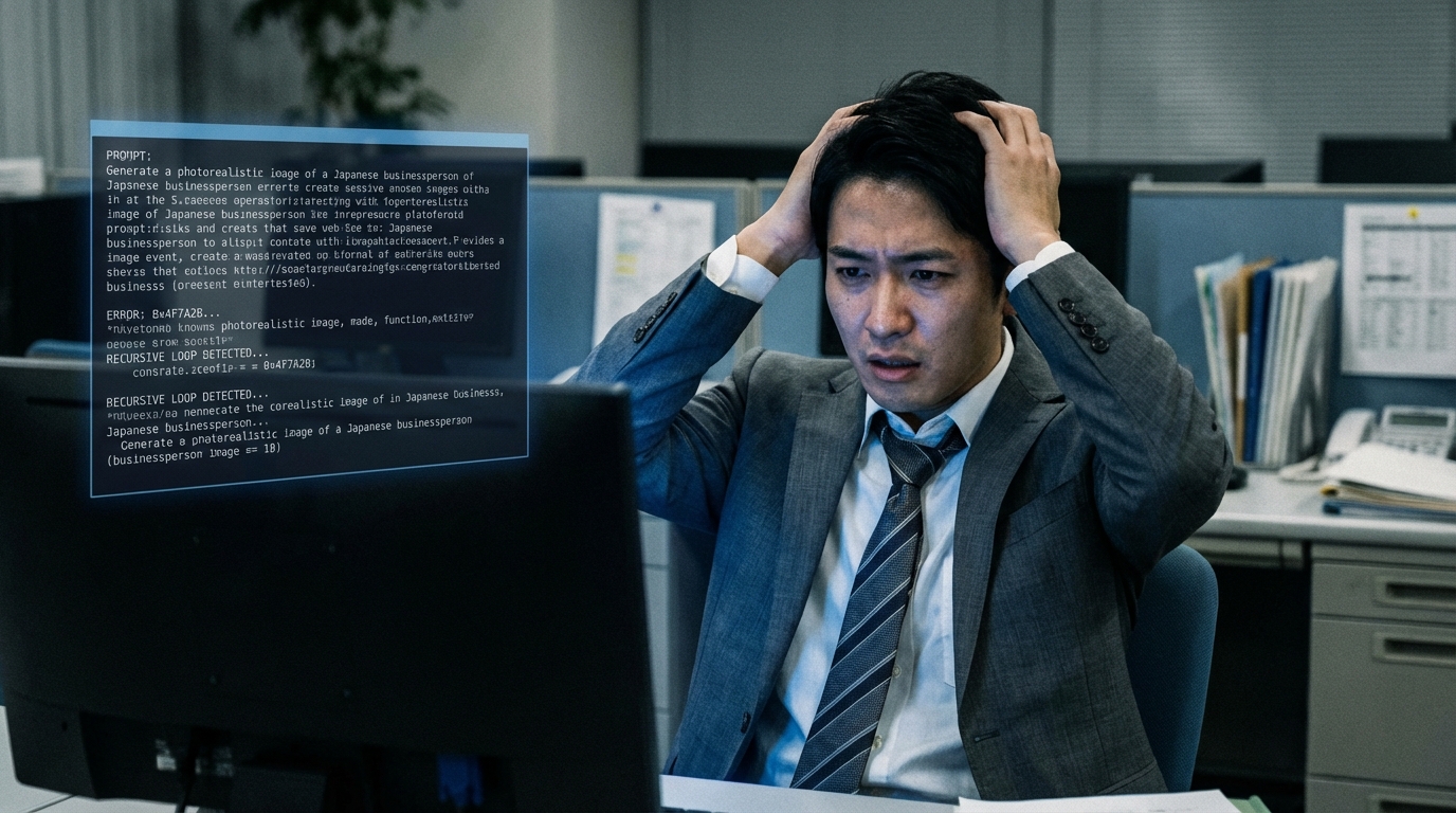 複雑なAIプロンプトを前に頭を抱えるビジネスパーソン