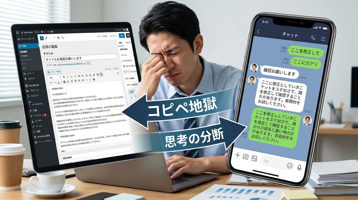 ChatGPTとWordPressの間でコピー&ペースト作業を繰り返す非効率な様子を描いたイラスト