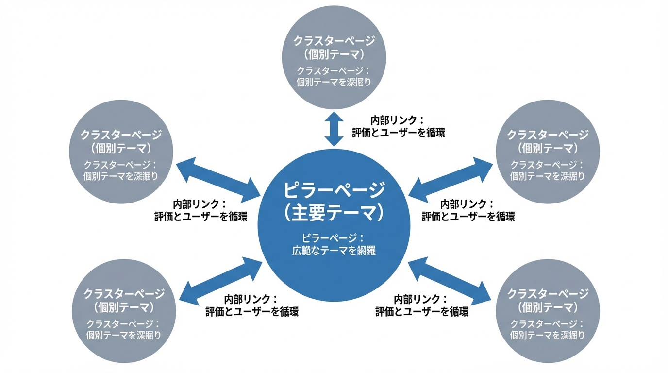 トピッククラスターモデルの仕組みを図解。中心のピラーページと、それを取り囲む複数のクラスターページが内部リンクで相互に結ばれている構造を示している。