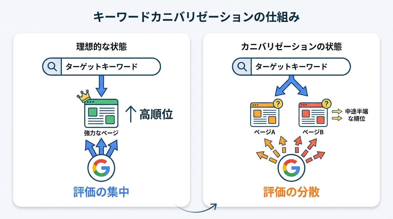 キーワードカニバリゼーションの仕組みを図解。理想的な状態では評価が1ページに集中するが、カニバリ状態では複数の類似ページに評価が分散してしまう様子が描かれている。