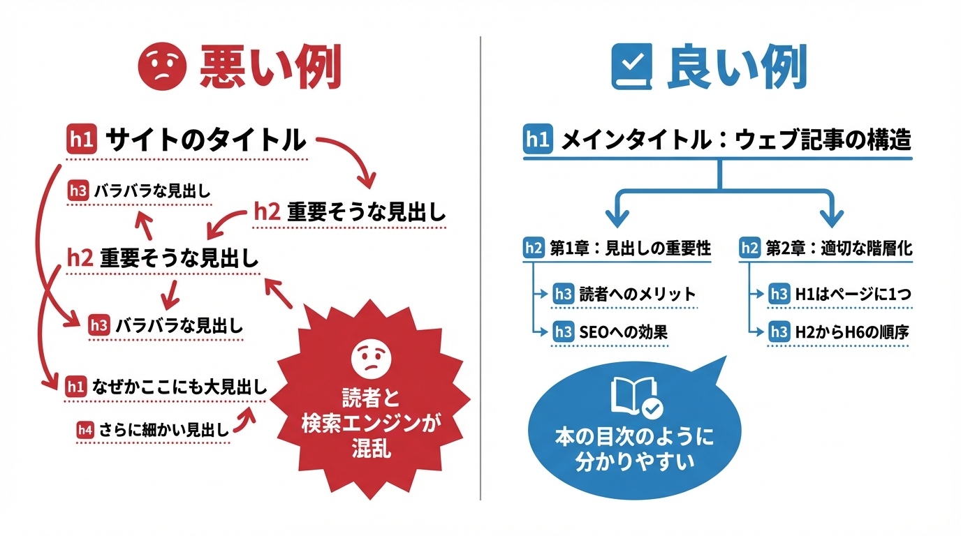 見出しタグの正しい階層構造（良い例）と間違った構造（悪い例）を比較した図解。良い例は本の目次のように整理されている。