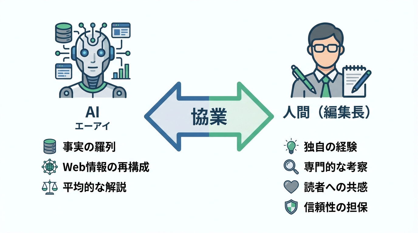 AIと人間のコンテンツ制作における役割分担を示した図解。AIは事実の羅列、人間は独自の経験や考察を担う。