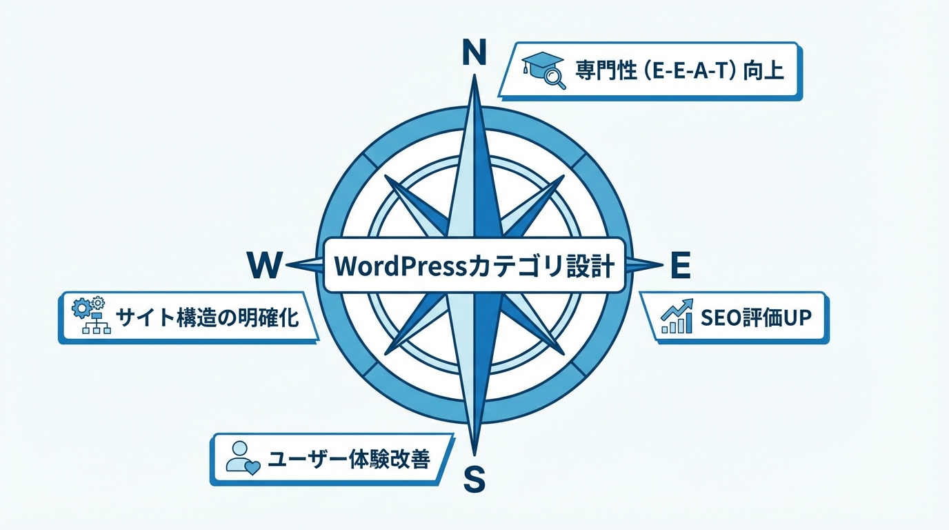 WordPressのカテゴリ設計が専門性やSEO評価、ユーザー体験を向上させる羅針盤であることを示す図解。