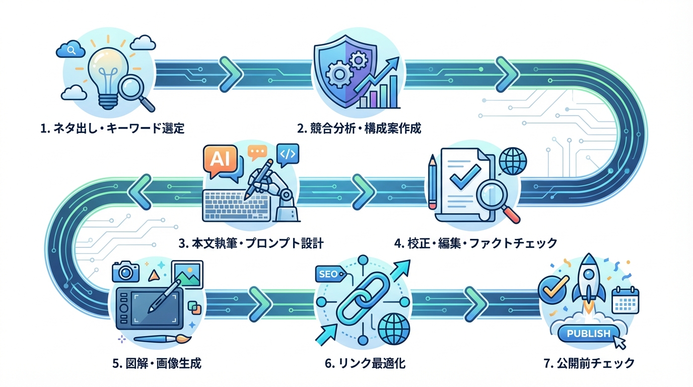 AI記事作成ワークフローの7ステップを示した図解。ネタ出しから公開前チェックまでの流れをアイコン付きで解説。