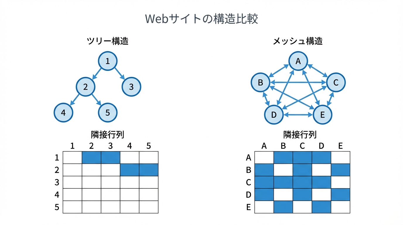 ツリー構造とメッシュ構造の比較図解。それぞれのリンク構造と、それに対応する隣接行列が示されている。