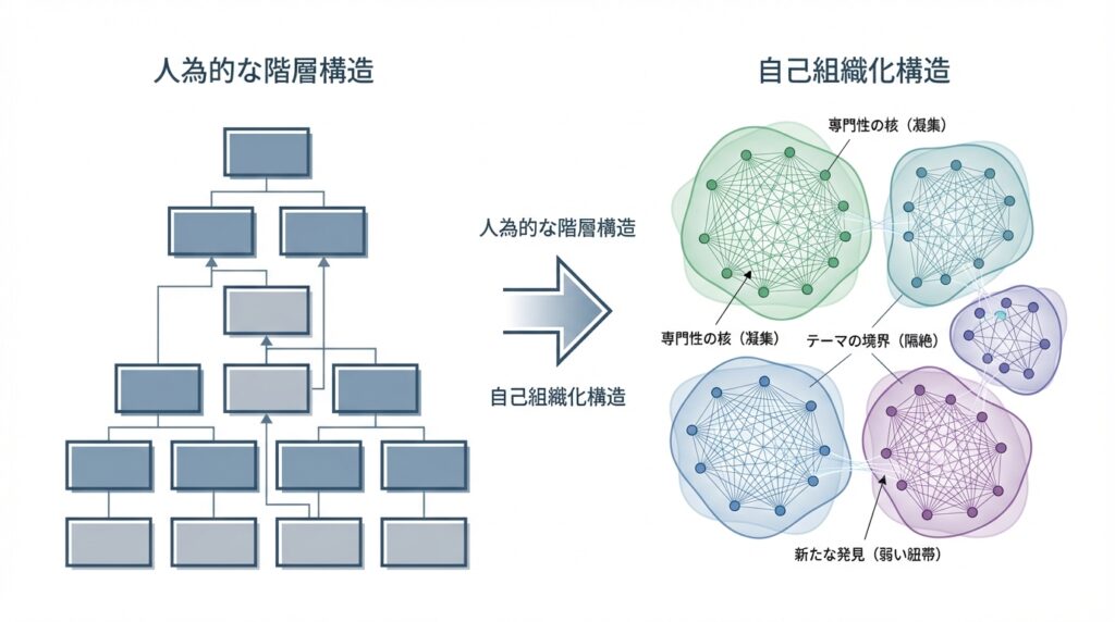 人為的なカテゴリ構造とAIによる自己組織化構造（半透膜）を比較する図解。自己組織化構造がホモフィリー、隔絶、弱い紐帯によって自然な秩序を形成する様子を示している。