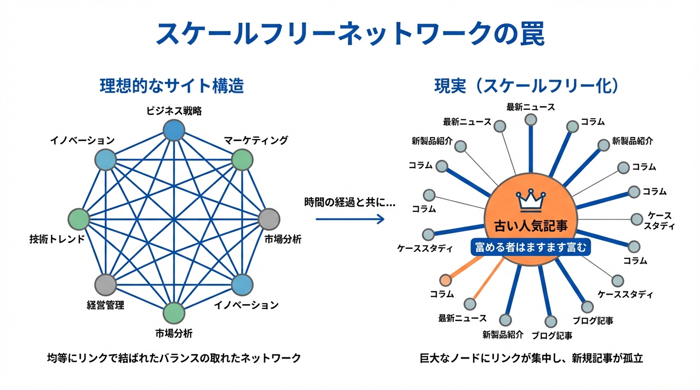 Webサイトのスケールフリーネットワーク化を説明する図解。理想的な均等なリンク構造と、現実の古い記事にリンクが集中する不均衡な構造を対比している。