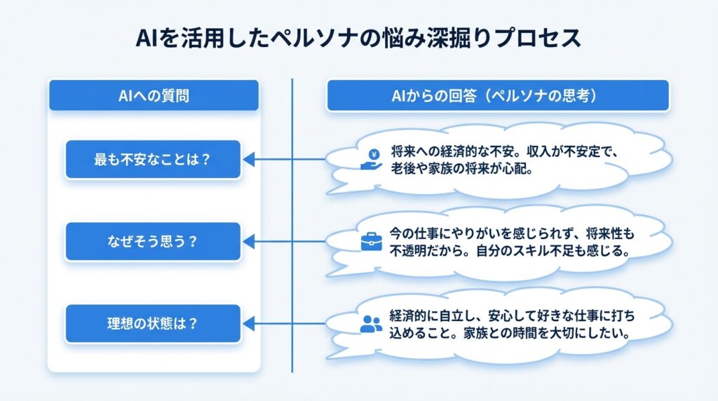 AIを活用したペルソナ分析プロセスの図解。読者の悩みや不安を深掘りする論理フローチャート。日本語の文字入れも正確に行われ、複雑な概念を可視化できるOGAIの画像生成能力（Gemini 3 Proモデル等）の実例