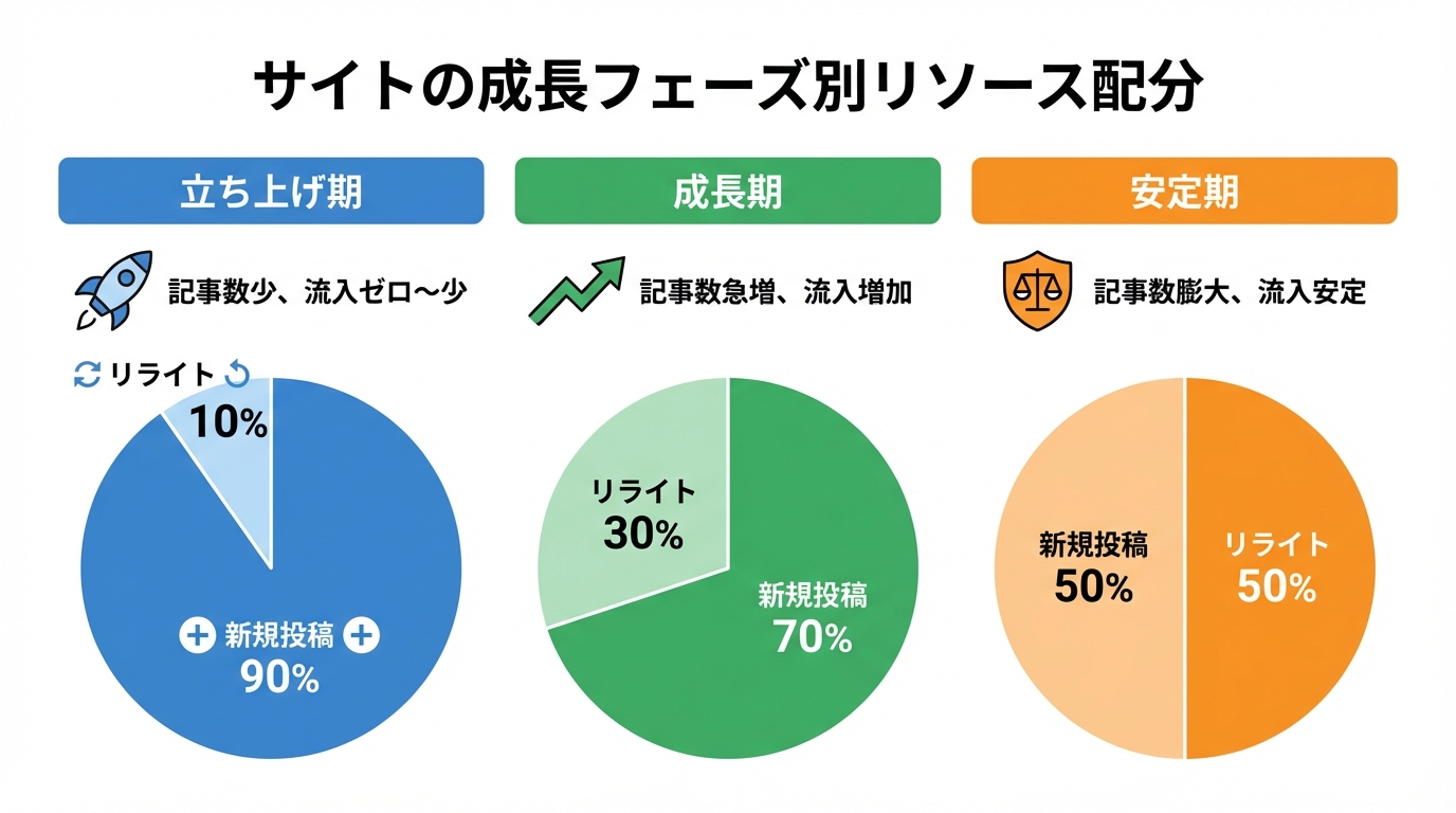 サイトの成長フェーズ(立ち上げ期・成長期・安定期)ごとに、リライトと新規投稿に割くべきリソースの割合を示した図解。