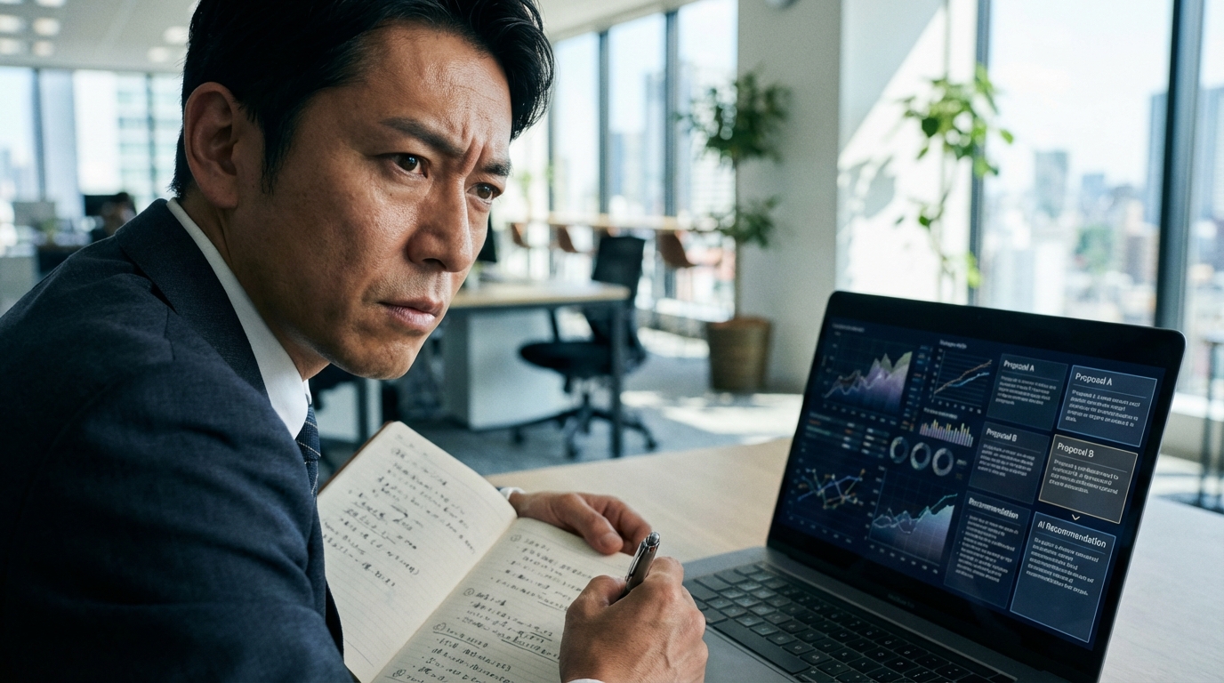 AIが提案した複数の記事タイトル案を比較検討し、最適なものを選んでいるビジネスパーソンの様子。