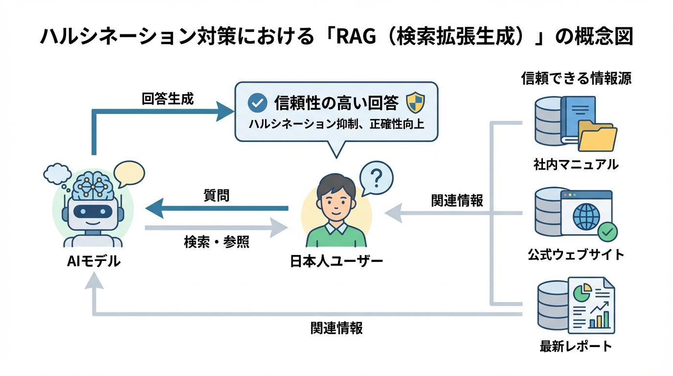 RAG(検索拡張生成)の仕組みを表す図解。AIが回答を生成する際に、指定された信頼できる情報源のみを参照することで、ハルシネーションを抑制する技術を示している。