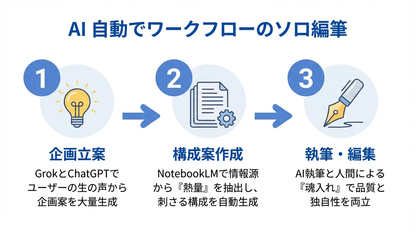 AIを活用したオウンドメディア自動化ワークフローの3ステップ。企画立案、構成案作成、執筆・編集の各段階でAIツールを連携させる流れを図解している。