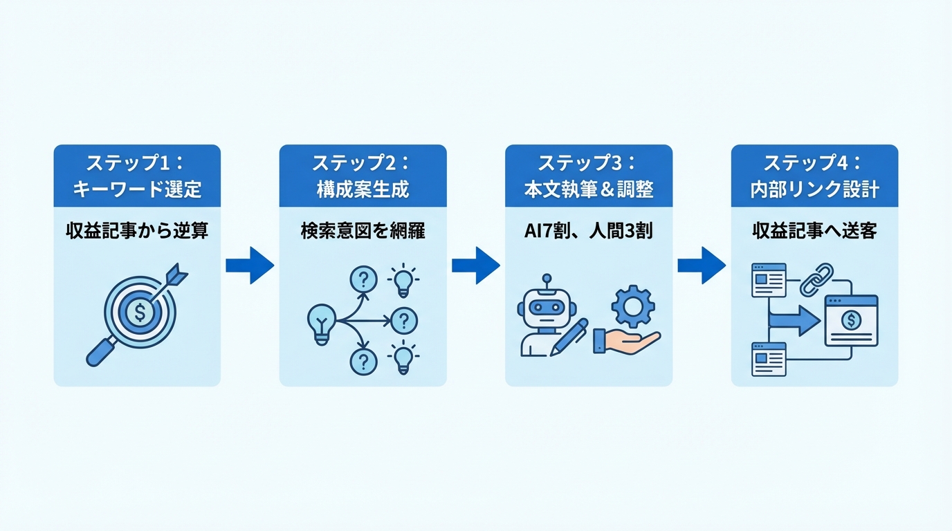 AIによる集客記事の量産ワークフローを示した4ステップの図解。キーワード選定、構成案生成、本文執筆、内部リンク設計の流れを解説している。