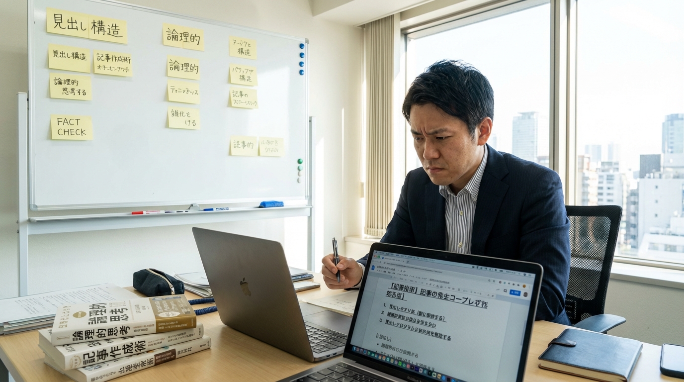 オフィスのデスクで記事の見出し構造について真剣に考えているビジネスパーソン。