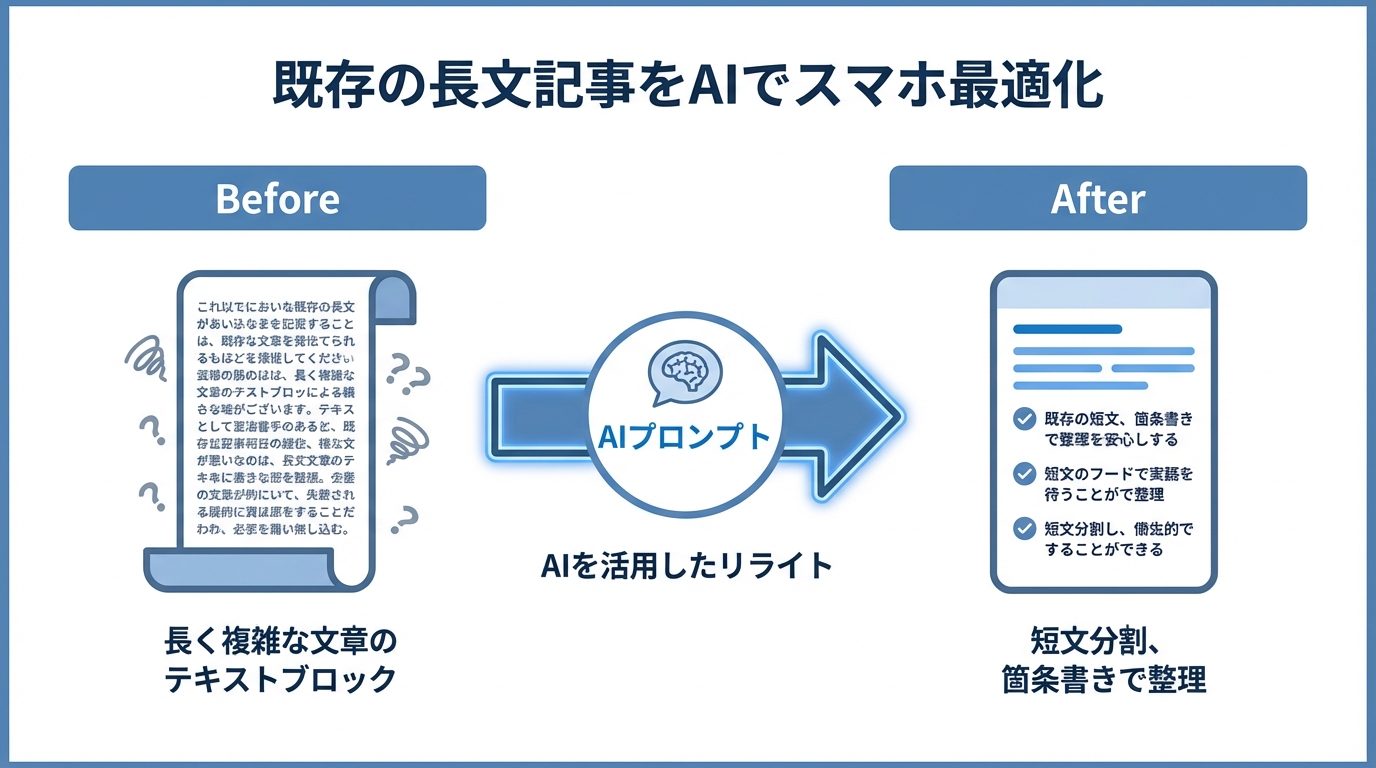 AIを使って既存の長い文章をスマートフォン向けに短文や箇条書きにリライトするプロセスの図解。
