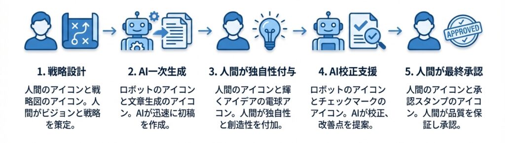 AIと人間が協業して高品質な記事を作成する5ステップのワークフロー図。人間の戦略設計から始まり、AIの一次生成、人間の独自性付与、AIの校正支援、そして人間の最終承認という流れを示す。