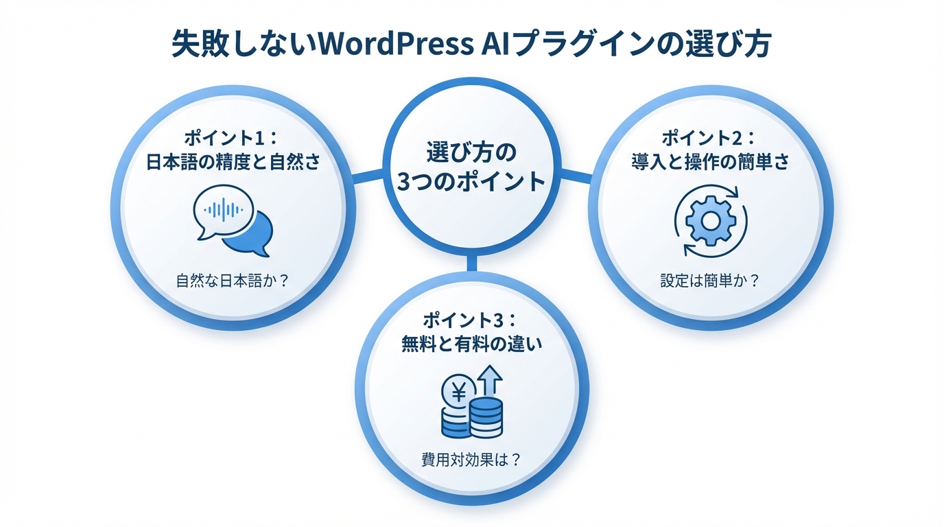 WordPress AIプラグインを選ぶ際の3つの重要ポイントを示した図解。「日本語の精度」「導入と操作の簡単さ」「無料と有料の違い」という基準がアイコンと共に示されている。