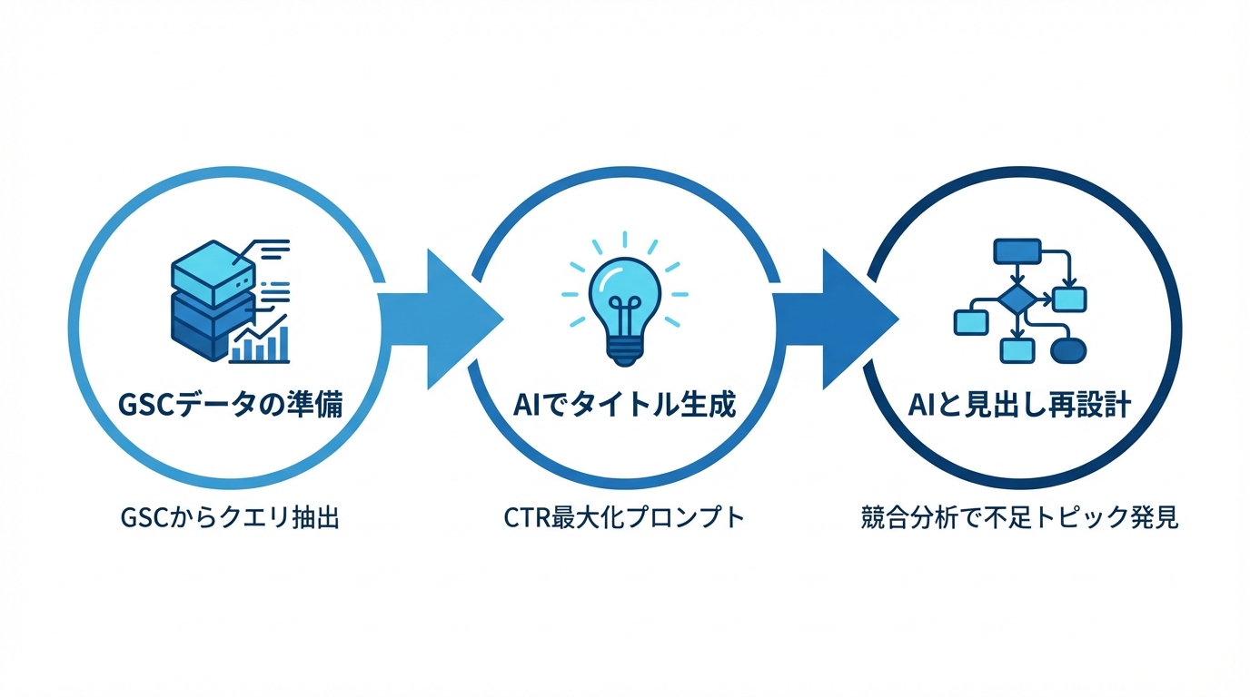 AIを活用したリライト運用の3ステップ図解。Step1 GSCデータ準備、Step2 AIでタイトル生成、Step3 AIと見出し再設計という流れをアイコンと共に示している。