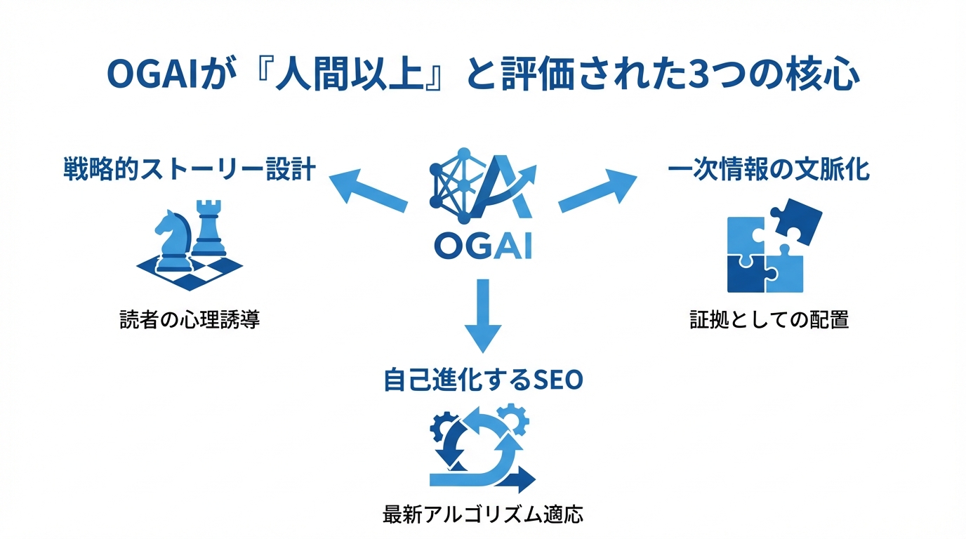 OGAIが高品質な理由を図解したインフォグラフィック。「戦略的ストーリー設計」「一次情報の文脈化」「自己進化するSEO」の3つの要素を解説。