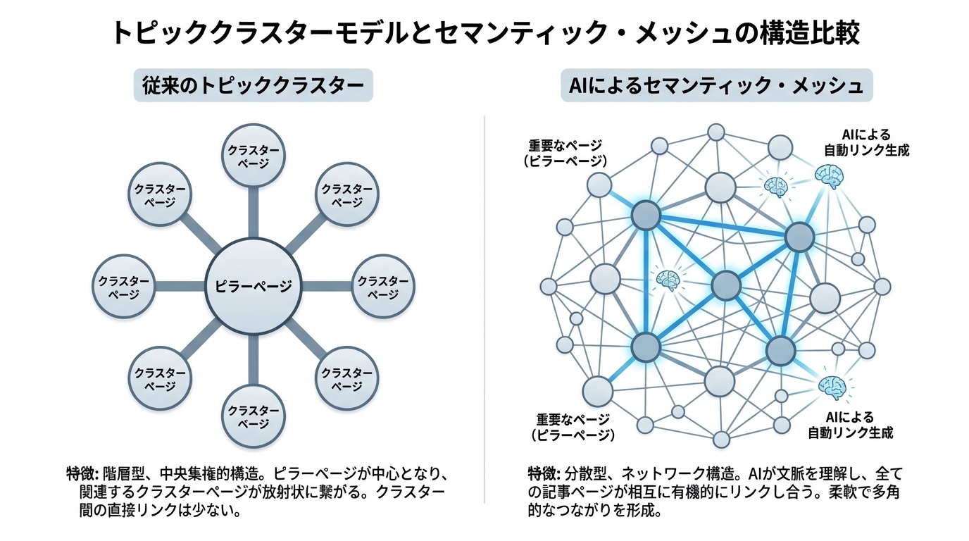 従来のトピッククラスターモデルとAIによるセマンティック・メッシュモデルのサイト構造を比較した図解。階層的な構造と網の目のような分散型ネットワークの違いを示している。
