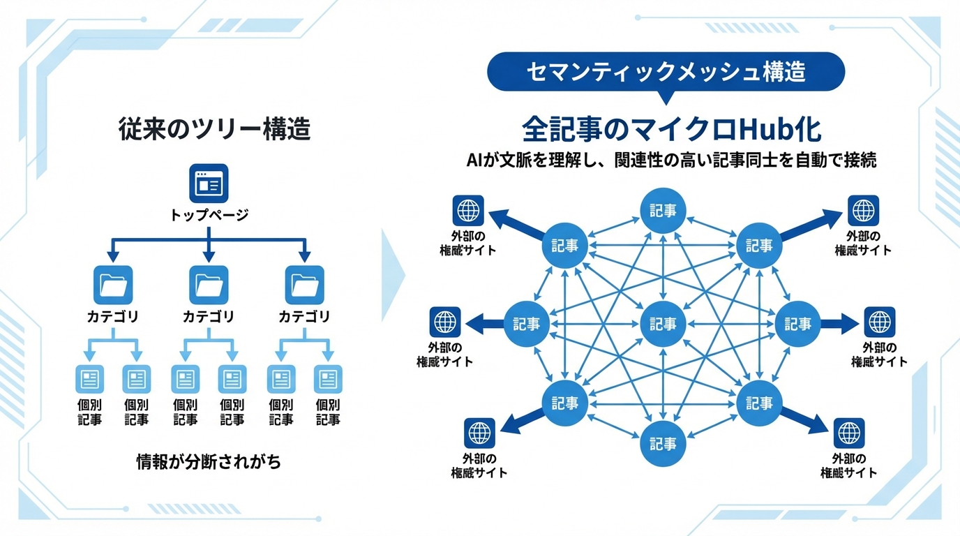 従来のツリー構造とセマンティックメッシュ構造を比較する図解。ツリー構造が情報を分断するのに対し、セマンティックメッシュは全記事が網の目のように繋がり、マイクロHubとして機能することを示している。