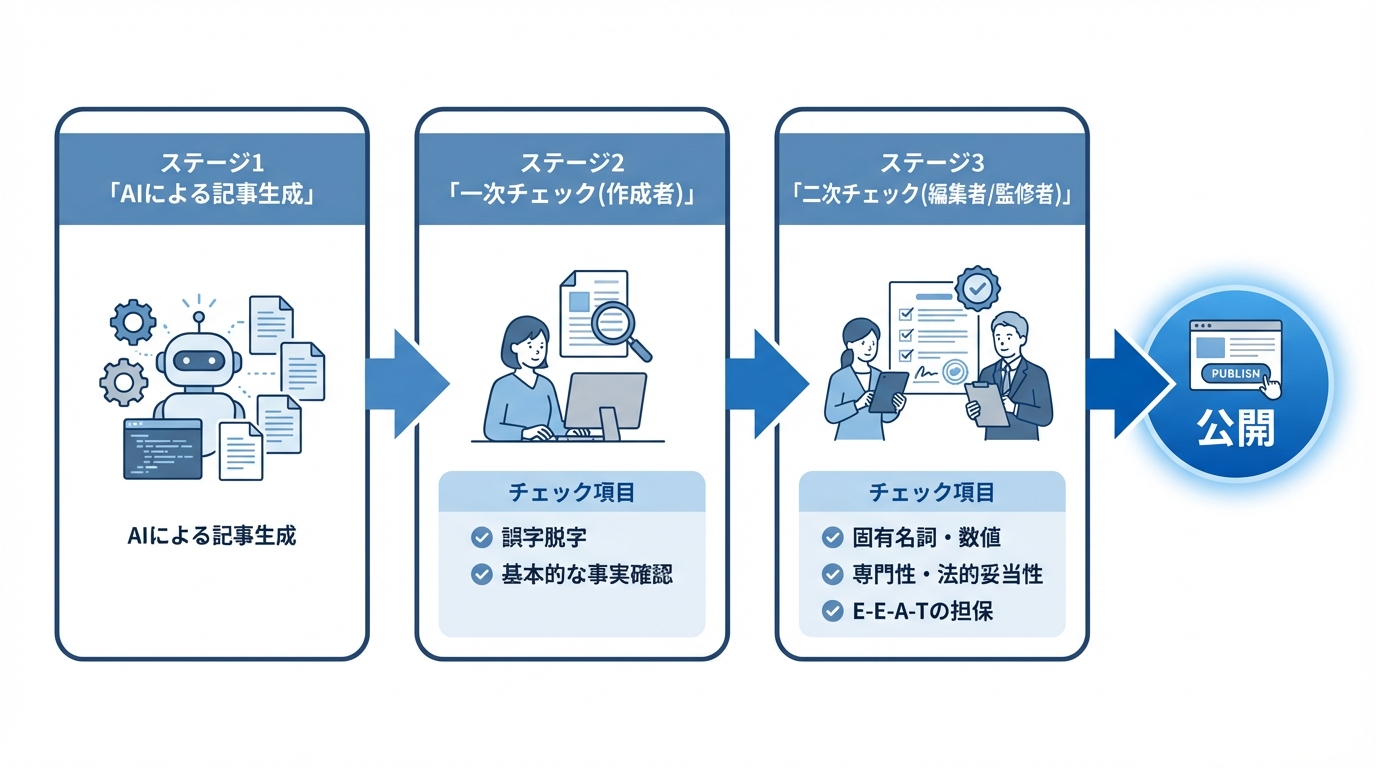 AI生成コンテンツのファクトチェック運用フロー図。AIによる生成後、作成者による一次チェック、編集者による二次チェックを経て公開に至るプロセスを示している。