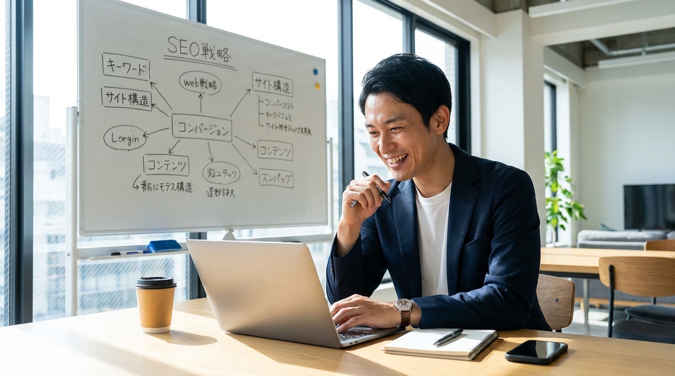 AIという強力なツールを手に、自信を持ってアフィリエイト戦略を練るサイト運営者。
