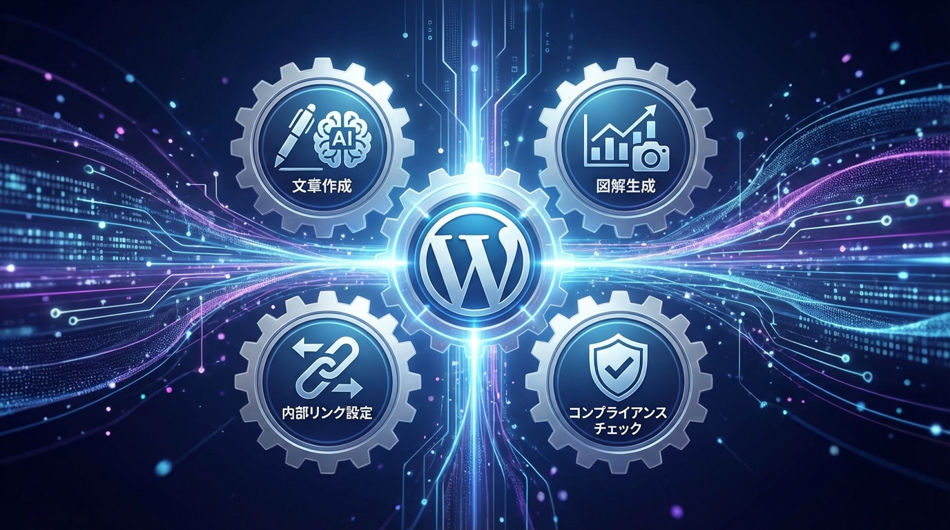 WordPressとAIが完全に融合したコンセプトを表すイラスト。WordPressのロゴを中心に、文章作成や図解生成などの機能がシームレスに連携している様子が描かれている。
