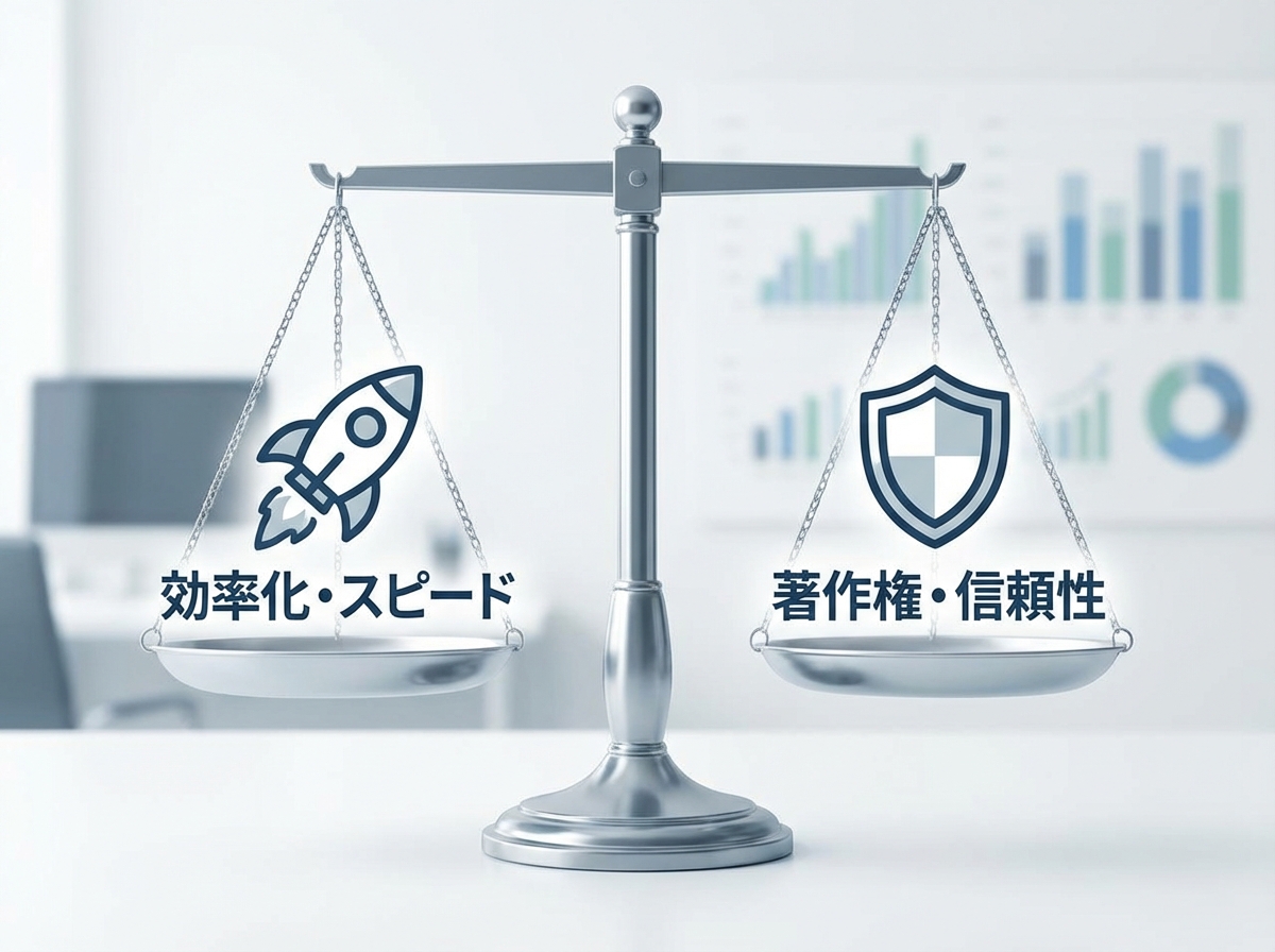 効率化とリスク管理のバランスの重要性を示す天秤のイラスト。片方にロケット、もう片方に盾が乗り釣り合っている。