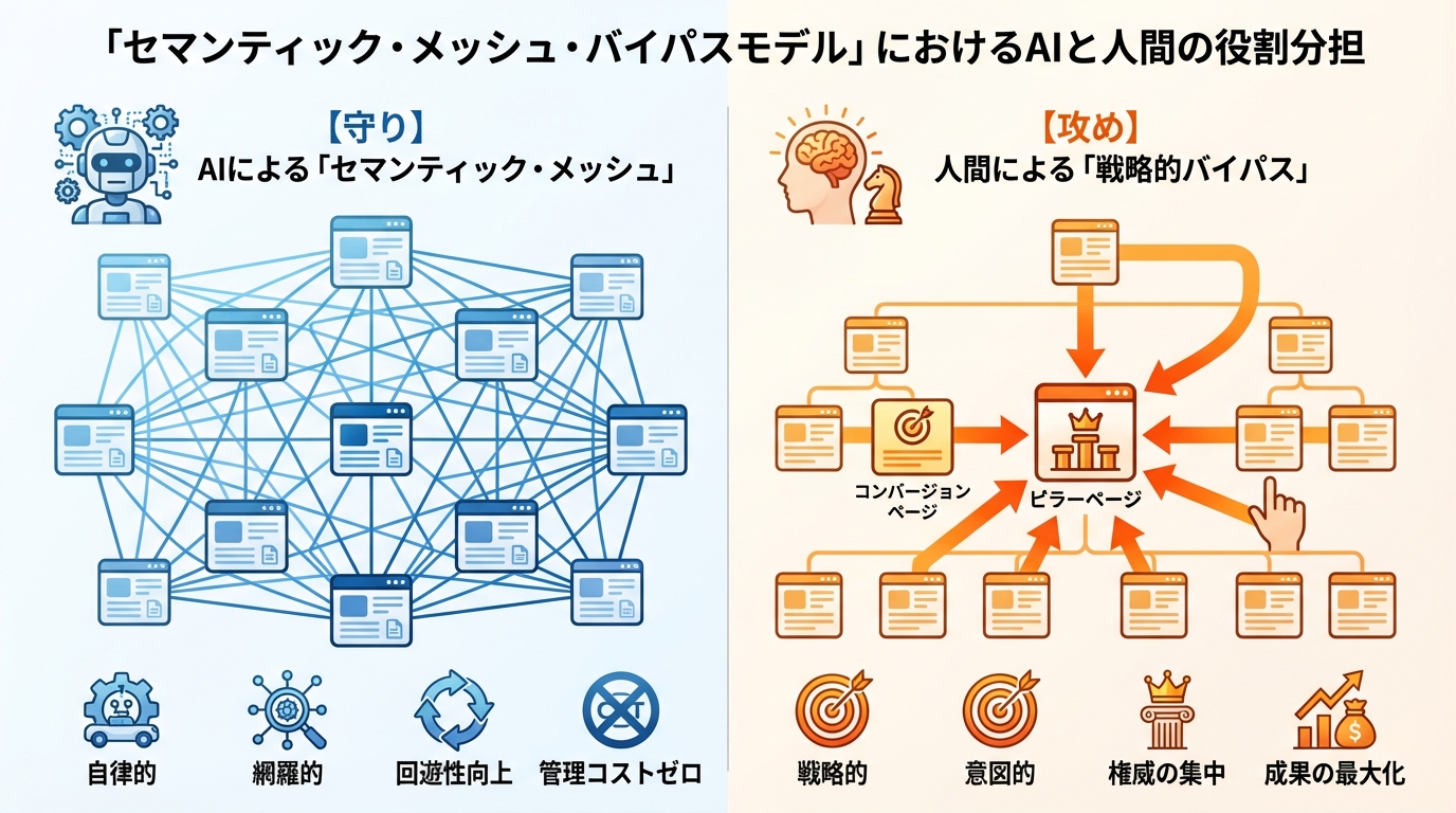 セマンティック・メッシュ・バイパスモデルにおけるAIの役割(守り)と人間の役割(攻め)を対比して解説する図解。