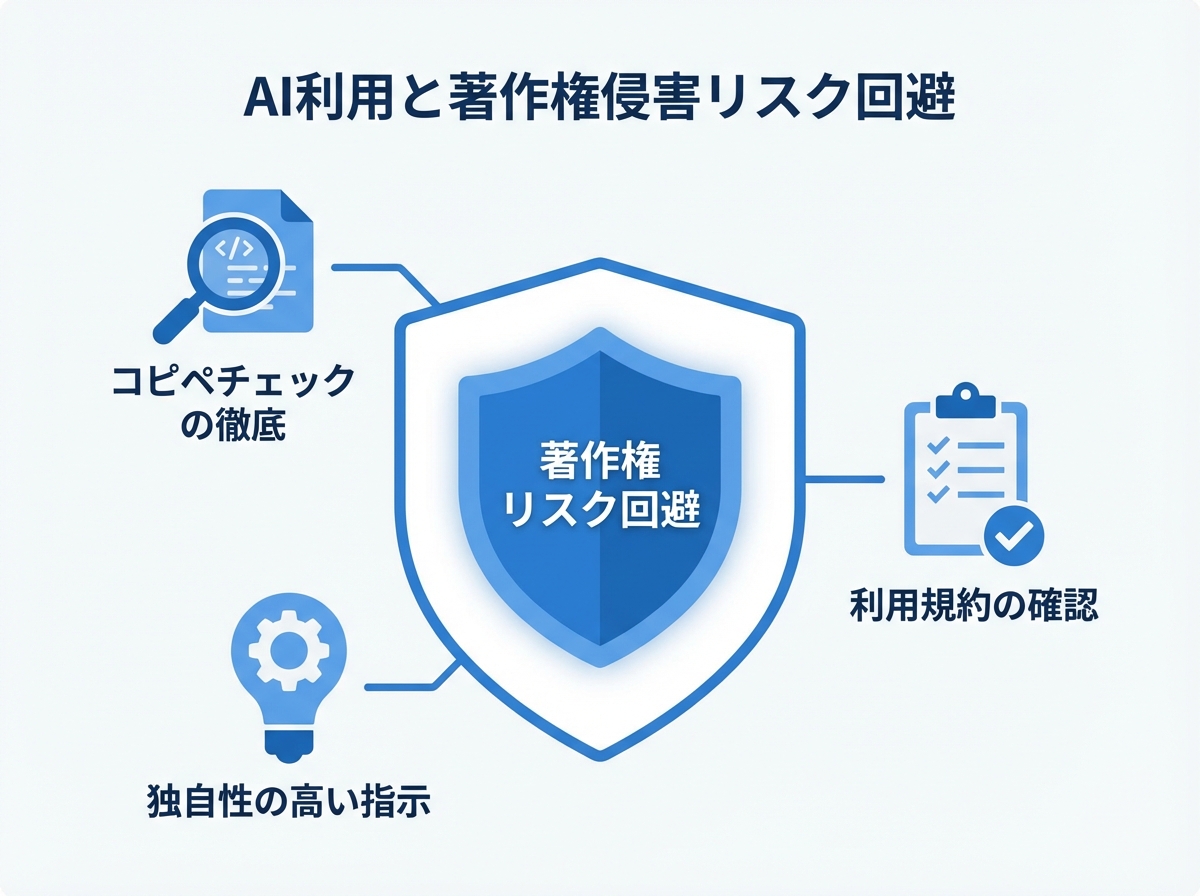 AI記事作成における著作権侵害リスクを回避するための3つのチェックポイント(コピペチェック、独自性の高い指示、利用規約の確認)を示した図解。