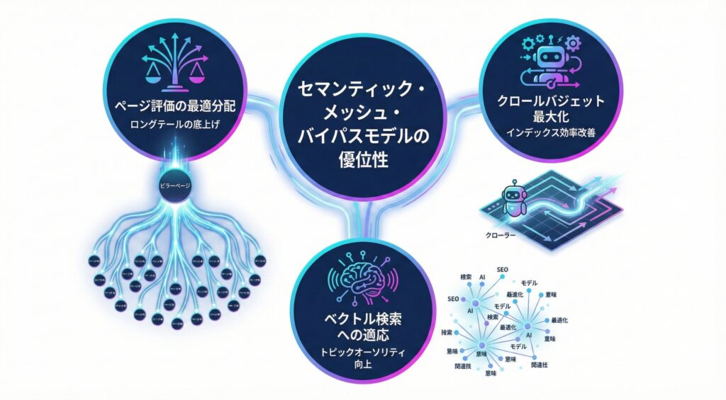 セマンティック・メッシュ・バイパスモデルがSEOに有効な3つの根拠(ページ評価の最適分配、クロールバジェット最大化、ベクトル検索への適応)を解説するインフォグラフィック。