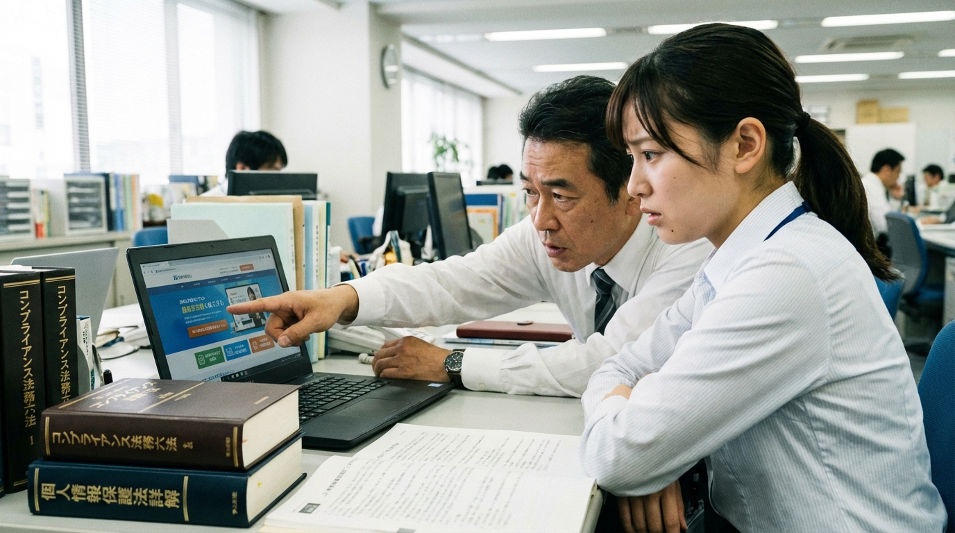 法律の専門家が広告担当者に薬機法違反のリスクについて指導している様子