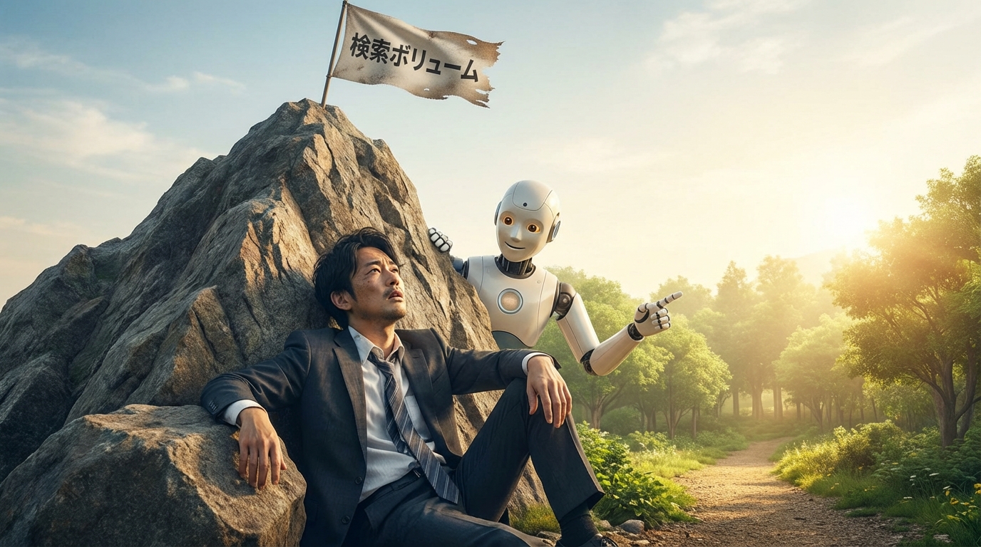 検索ボリュームという険しい山に挑み疲弊する担当者と、AIが示す競合不在のニッチ市場という新たな道。