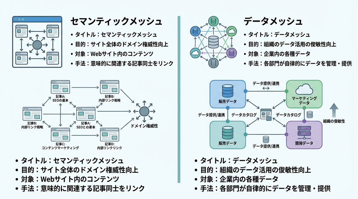 セマンティックメッシュとデータメッシュの違いを比較する図解。SEO戦略とデータ基盤アーキテクチャという異なる概念であることを示している。