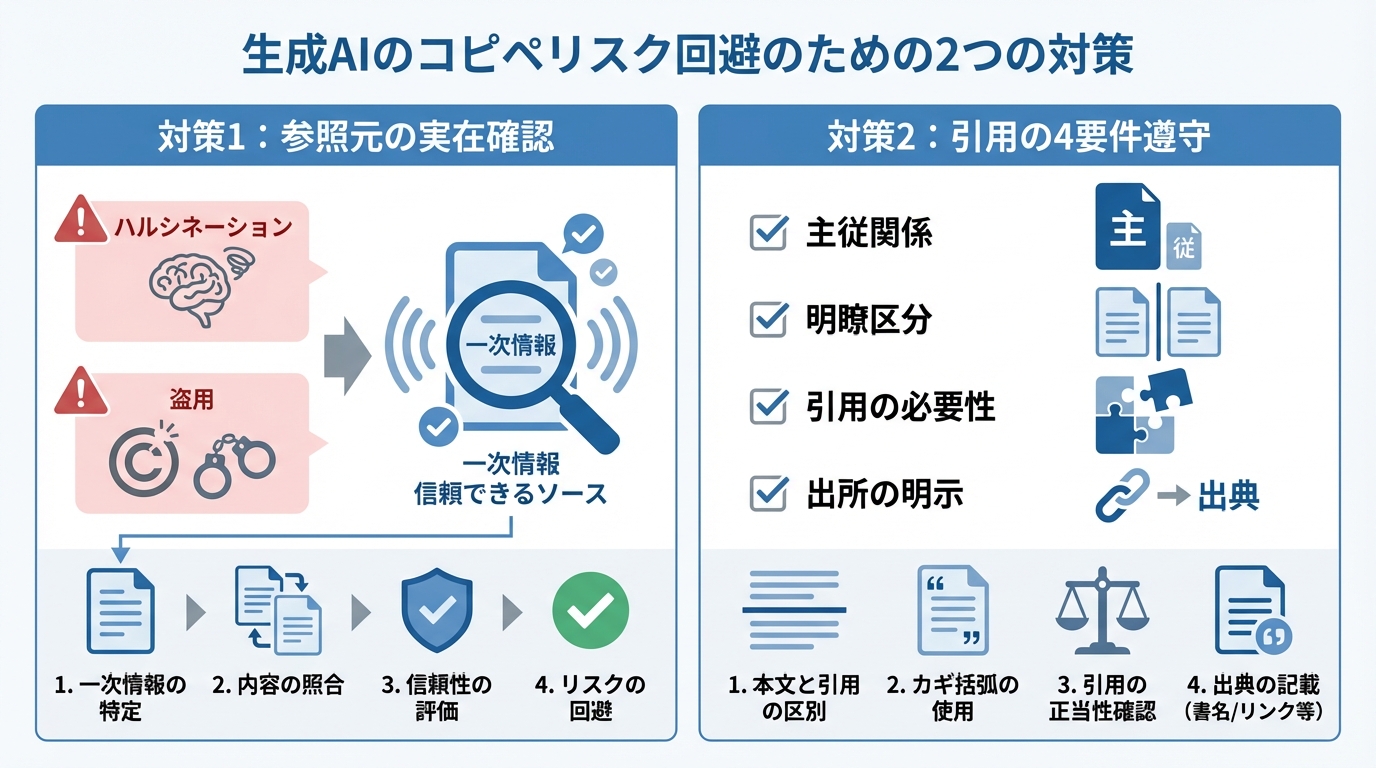 生成AIのコピペリスクを回避する2つの実践的アクション。「参照元の実在確認」と「引用の4要件遵守」のポイントを図解。