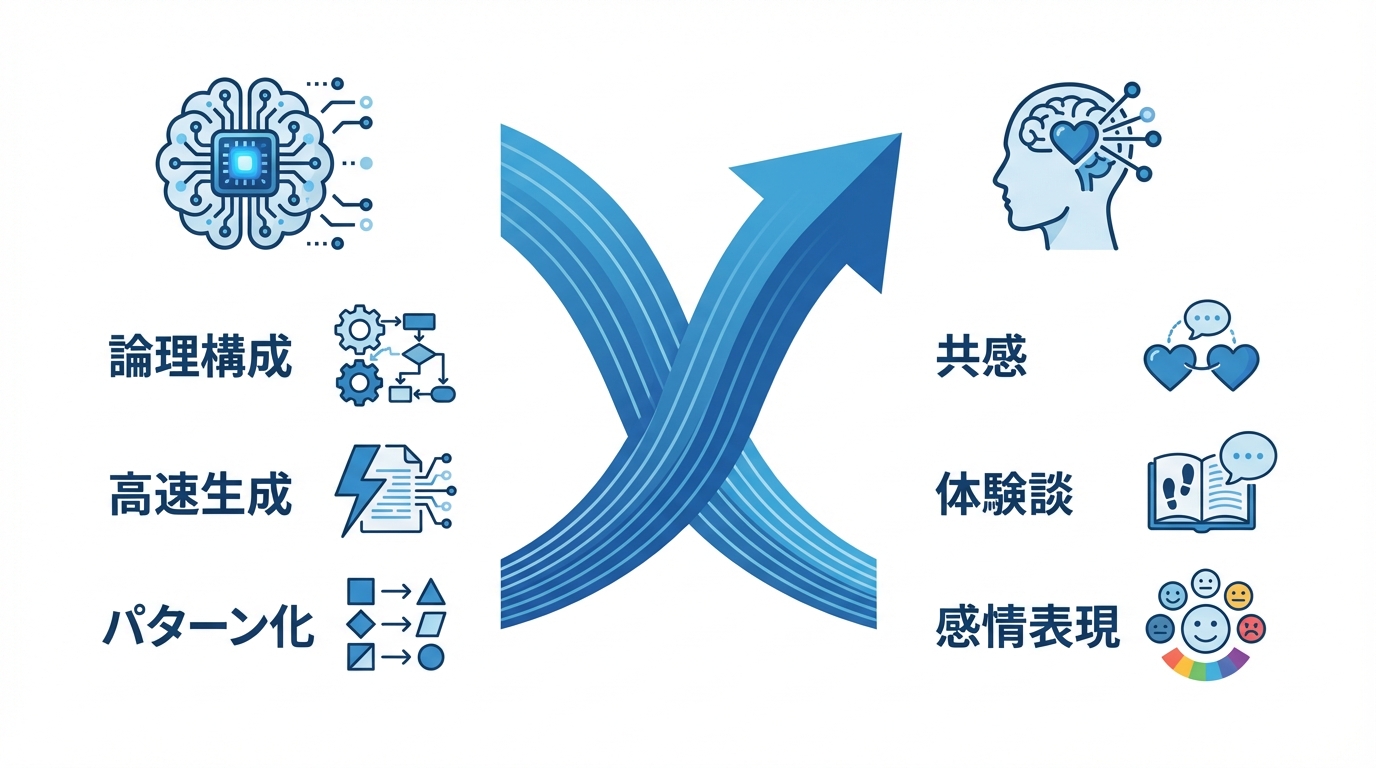 AIと人間の得意なことの比較図解。AIは論理構成や高速生成、人間は共感や体験談が得意であることを示している。