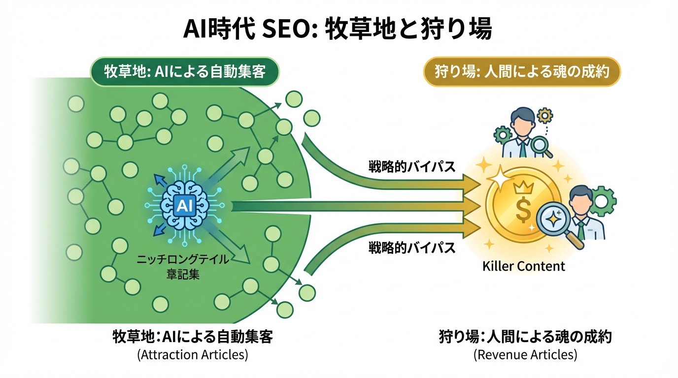 AI時代のSEO戦略「牧草地と狩り場」モデルの概念図。AIが自動で広げる集客記事（牧草地）から、人間が魂を込める収益記事（狩り場）へユーザーを誘導する動線を示している。