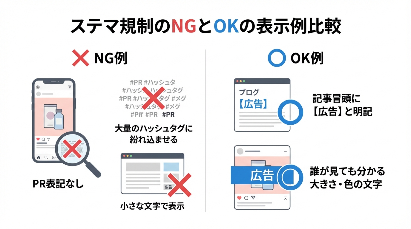 ステマ規制におけるNG表示例(PR表記なし、ハッシュタグに埋もれる等)とOK表示例(記事冒頭に【広告】と明記)を比較した図解。