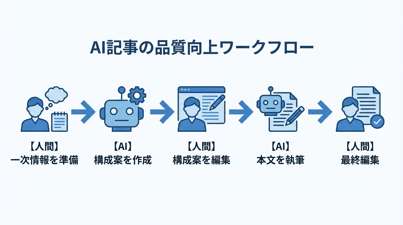AI記事の品質を向上させるための5ステップのワークフロー図。人間の一次情報準備から始まり、AIと人間が交互に作業を進め、最終的に人間が編集して完成させるプロセスを示している。