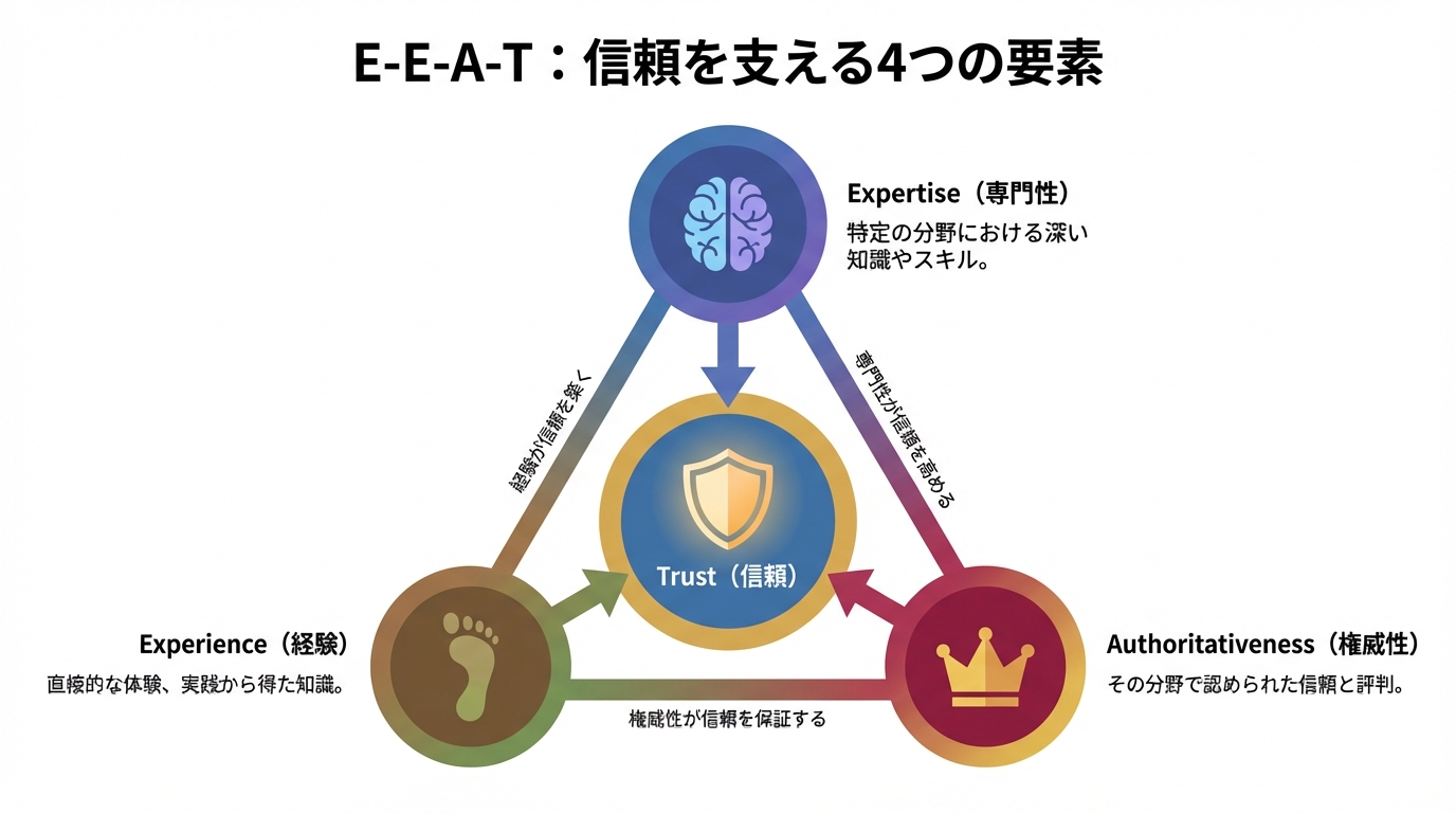 E-E-A-Tの概念図。中央の「信頼」を「経験」「専門性」「権威性」の3要素が支えている構造を示している。