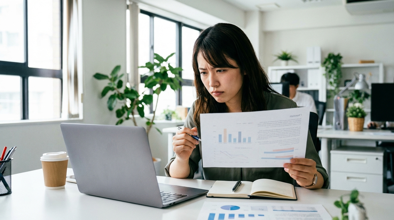 AIライティングツールにPDFの資料をアップロードしている女性。一次情報をAIにインプットする応用的な方法を象徴している。