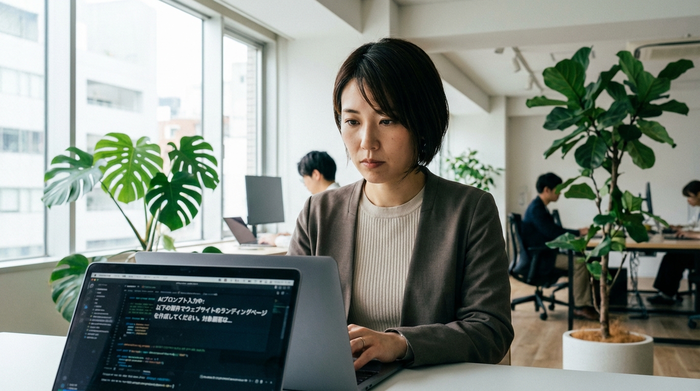 AIにプロンプトを入力して共感型リード文を作成しようと試みるWeb担当者。