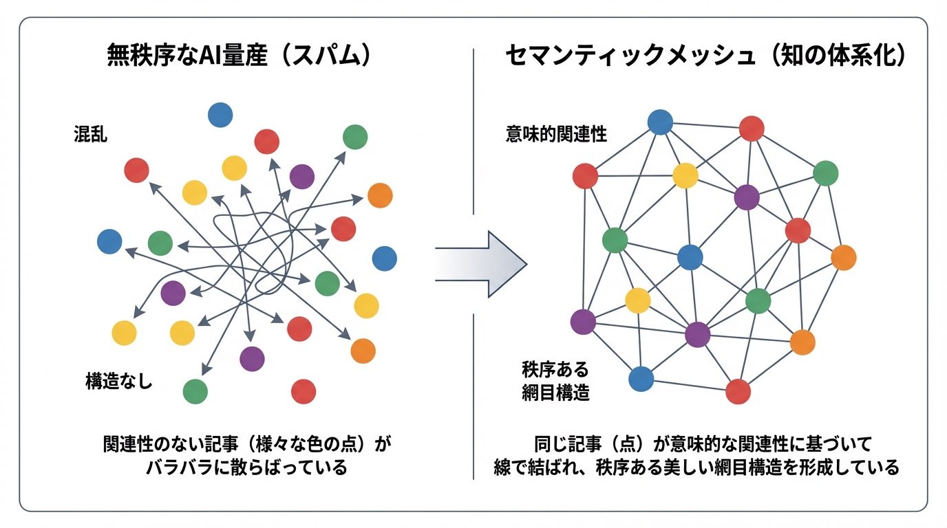 無秩序なAIコンテンツ量産と、セマンティックメッシュによる体系化の違いを示す比較図。バラバラな情報の点が、内部リンクによって構造化された知識ネットワークへと変化する様子を表している。