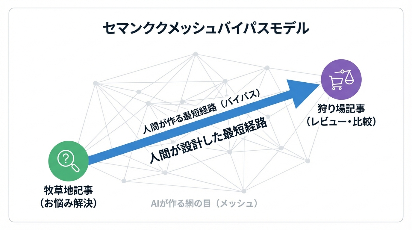 セマンティック・メッシュ・バイパスモデルの動線設計図。AIが作る網の目状の内部リンク（メッシュ）の上に、人間が収益記事へ誘導する最短経路（バイパス）を設計する様子を示している。